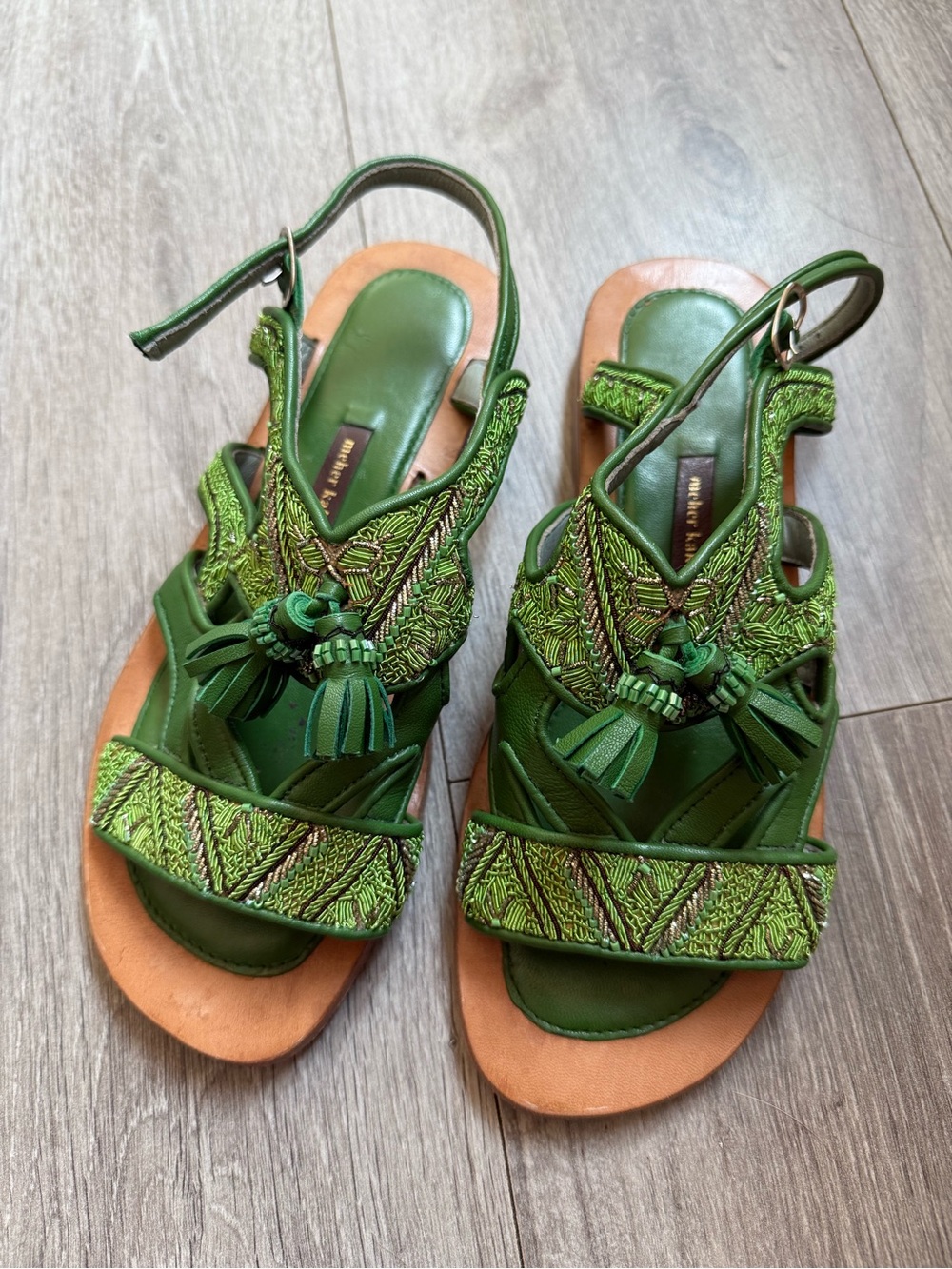 Meher Kakalia Embroidered Green Leather Slingback Sandals with Tassel Detail